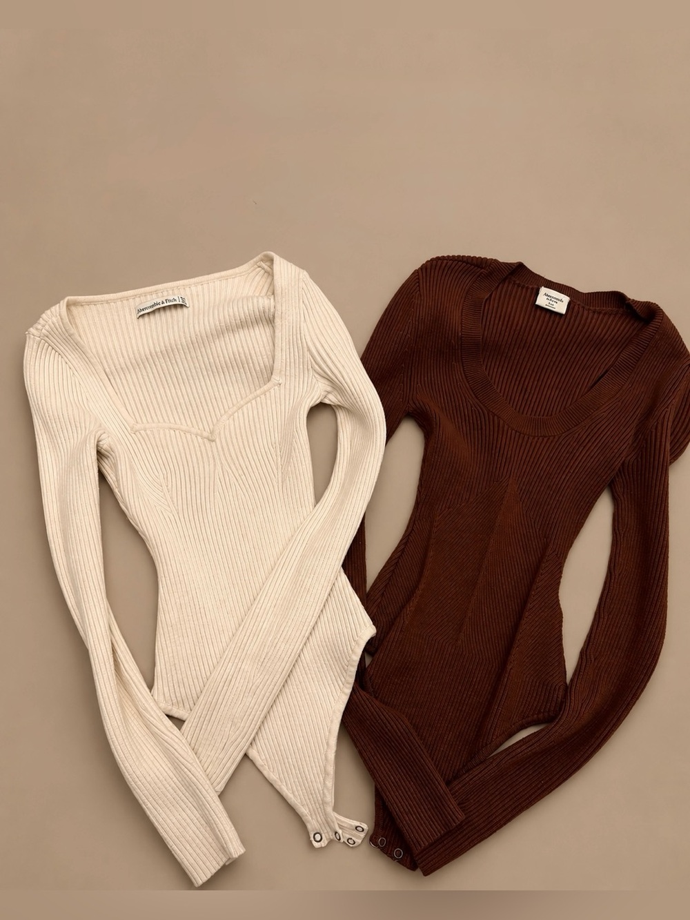Abercrombie & Fitch Ribbed V-Neck Bodysuit Sweaters in Cream and Brown